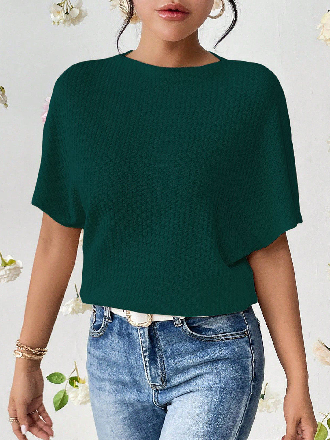 RAHI TRENDZ Green Solid Boat Neck Batwing Sleeve Top