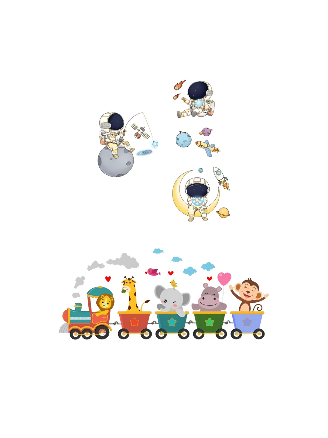 prettykrafts 2Pcs Grey & Green Animals On Train & Astronaut Wall Stickers