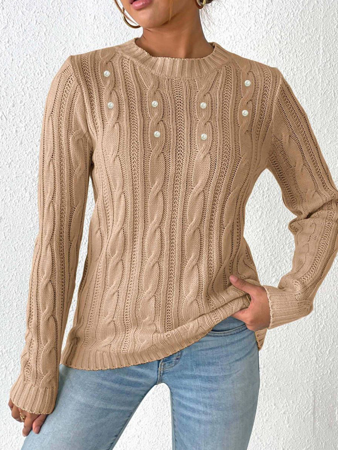 bebe Geometric Self Design Round Neck Acrylic Pullover with Applique Detail