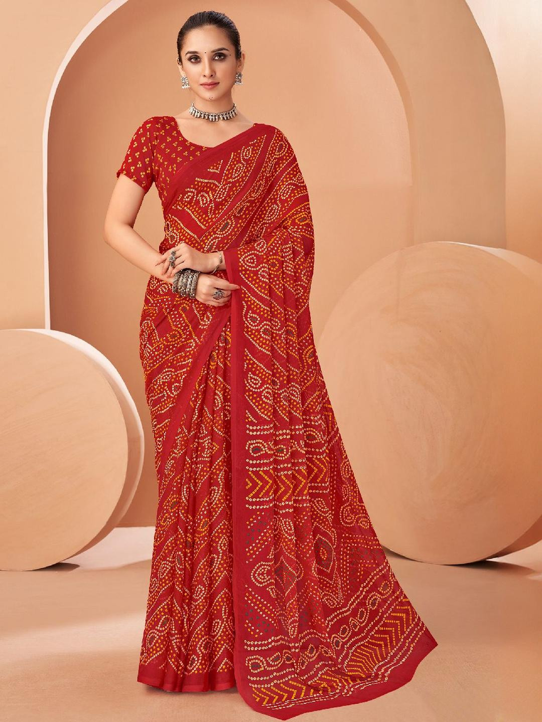 KALINI Red Bandhani Saree With Attached Lace & Matching Blouse Piece