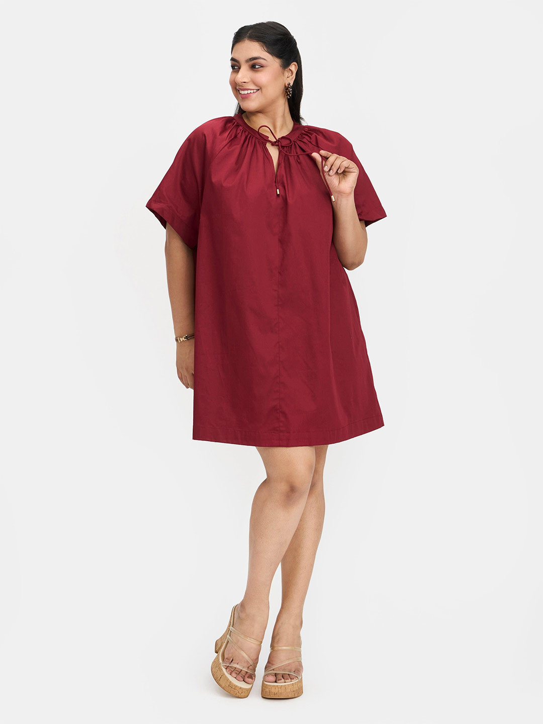 Virgio Plus Size  Tie-Up Neck A-Line Mini Dress