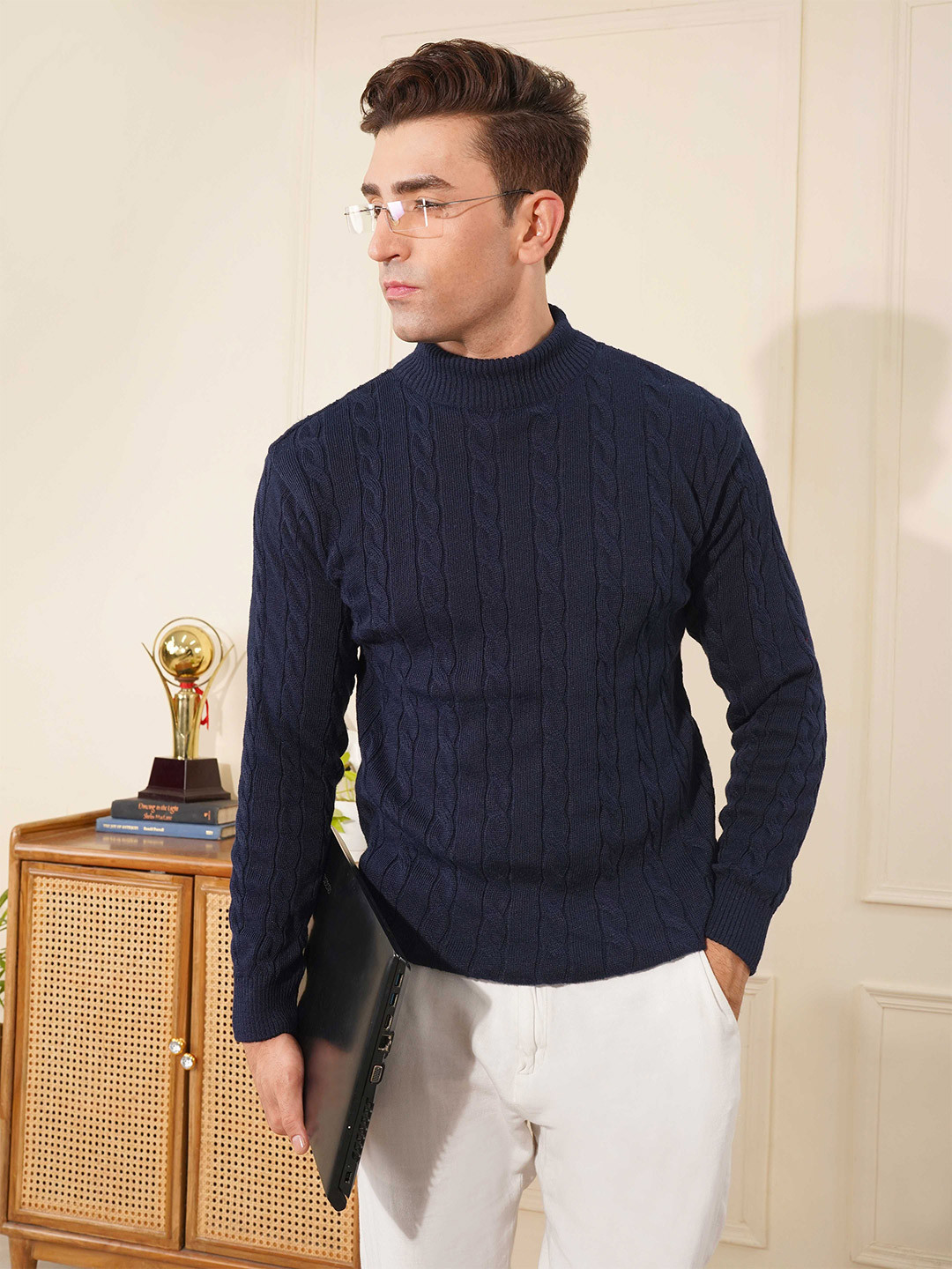 KVETOO Men Ribbed Cable Knit High Neck Pullover