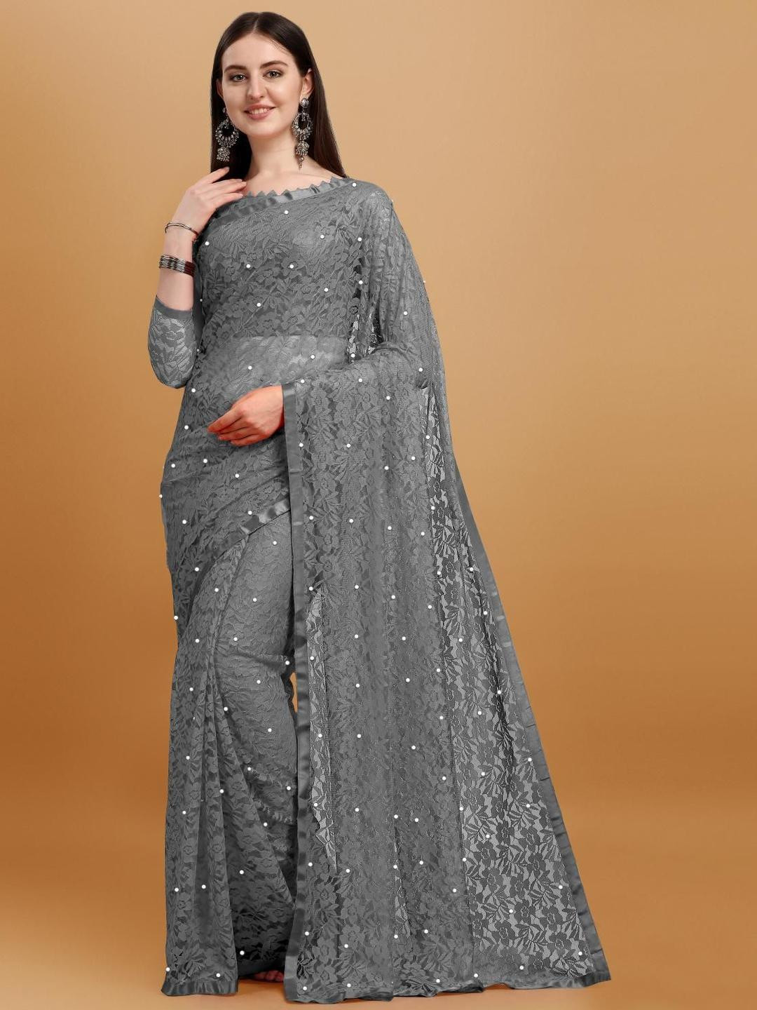 LOROFY Floral Embroidered Lightweight Net Brasso Saree with Blouse Piece