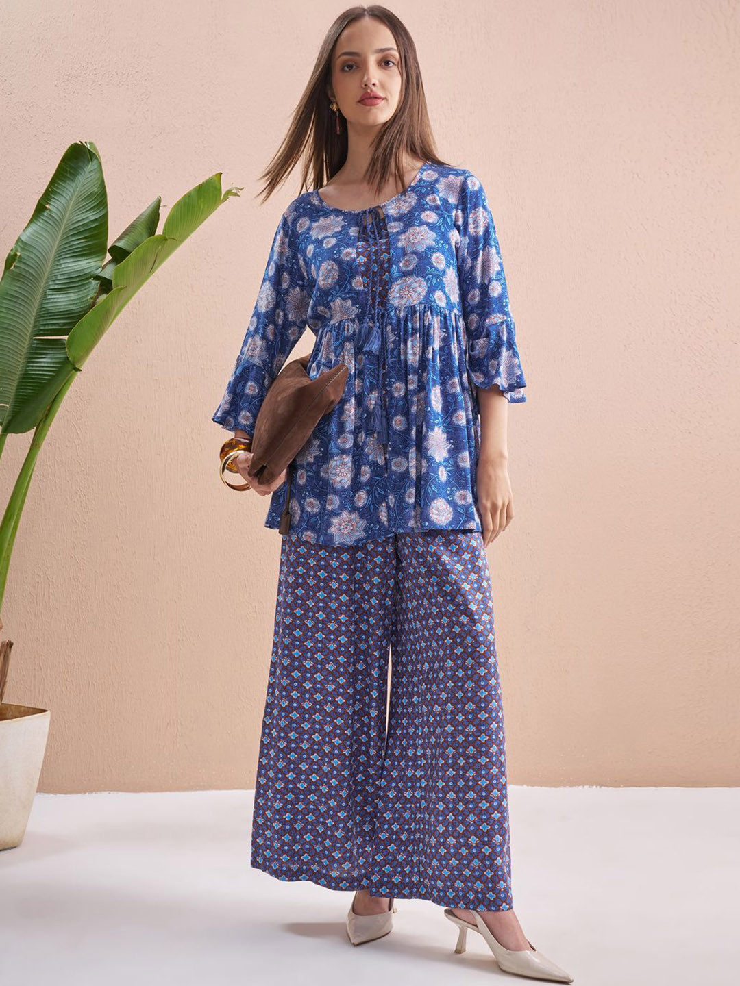 Vishudh Women Floral Crop Top Palazzos And Printed Jacket Co-Ord Set