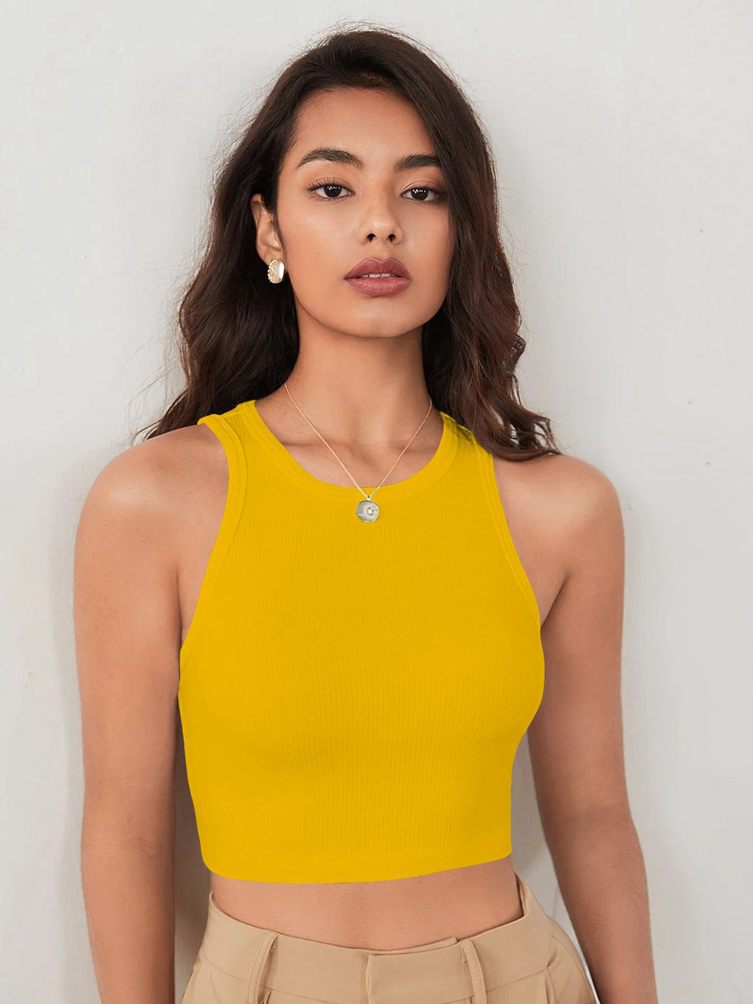 TOOCHKI Women Ribbed Round Neck Shoulder Straps Tank Crop Top