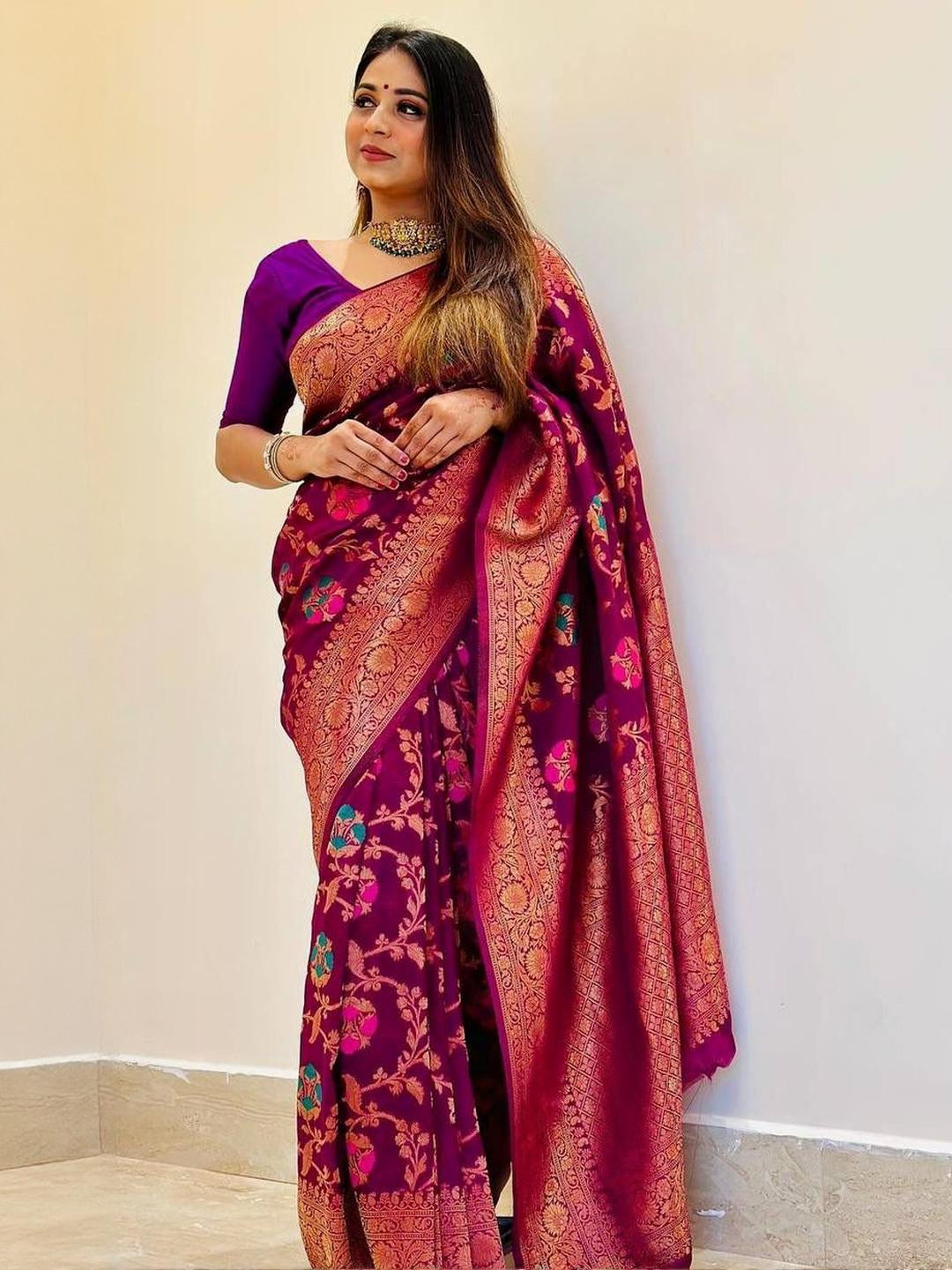 RUNAYA NX Floral Woven Design Lichi Banarasi Saree