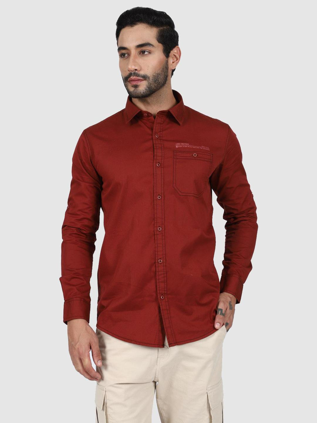WOLF & CO. Men Relaxed Spread Collar Cotton Shirt