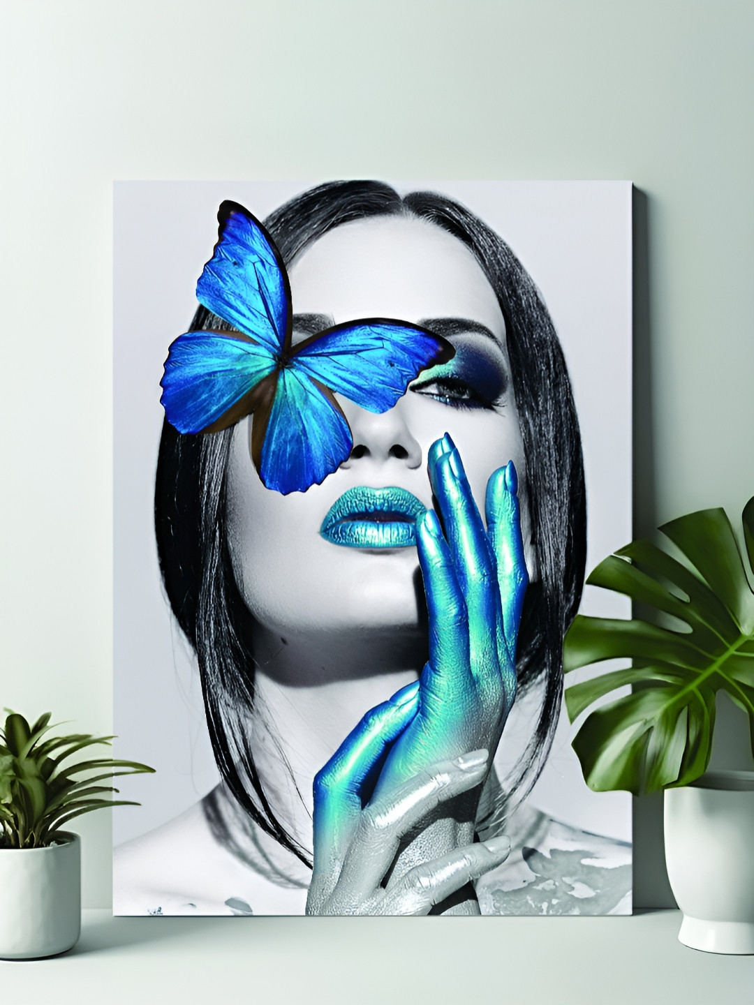 Myntra Elegant Homes Woomen with Blue Butterfly Canvas Wall Paintings