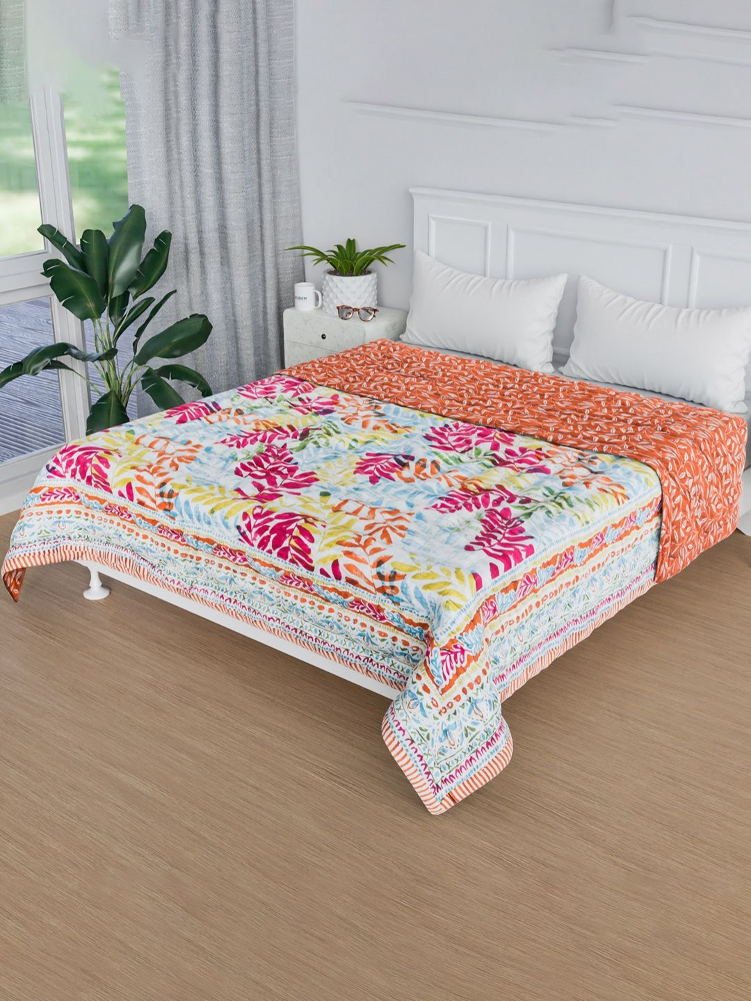 Aura Orange & Pink Floral Printed Cotton 380 GSM Single Bed Blanket