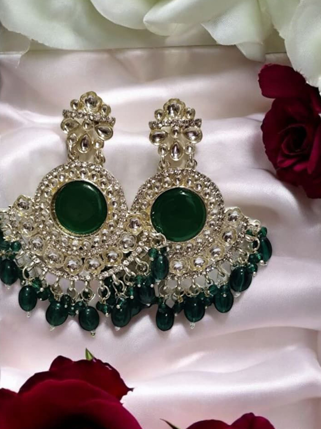 Awaglamm Fashion Brass-Plated AD Studded & Beaded Chandelier Circular Drop Earrings