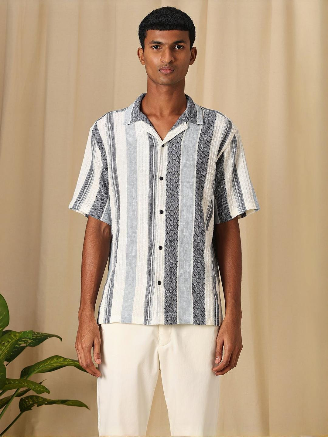 4 TRIPLE O FIVE O BY MUFTI Textured Striped Spread Collar Oversized Casual Cotton Shirt