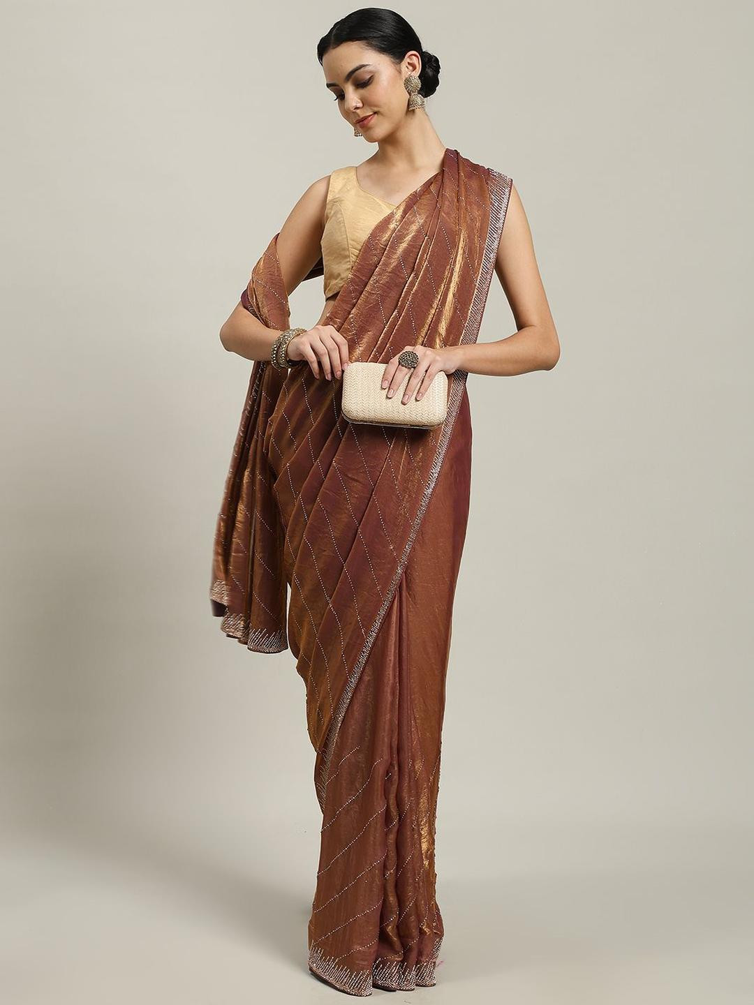 Meena Bazaar Hyacinth Embellished Beads And Stones Tissue Saree