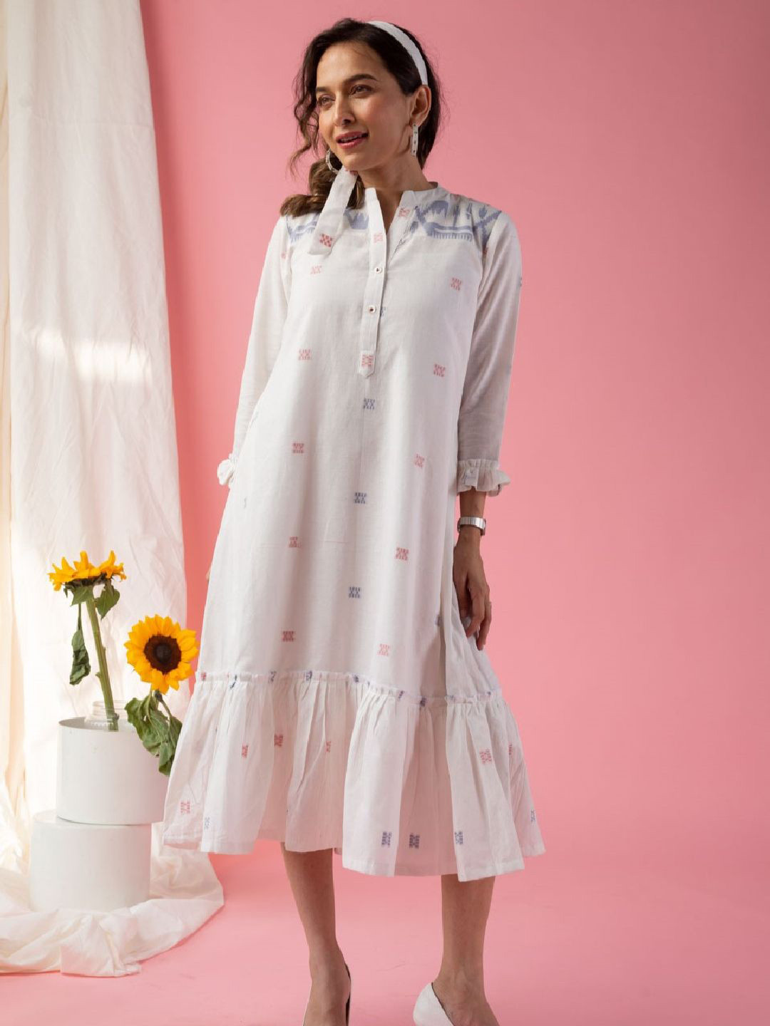 KUSVAA Retu Women Mandarin Collar Flounce Hem Cotton A-Line Midi Dress