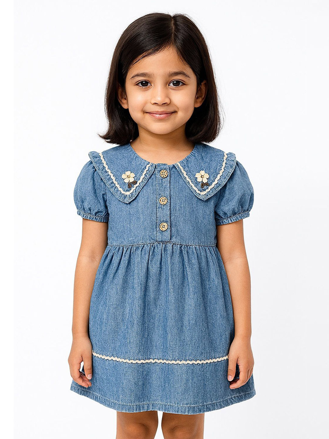 POP STREET KIDS Girls Peter Pan Embroidered Collar Denim Dress