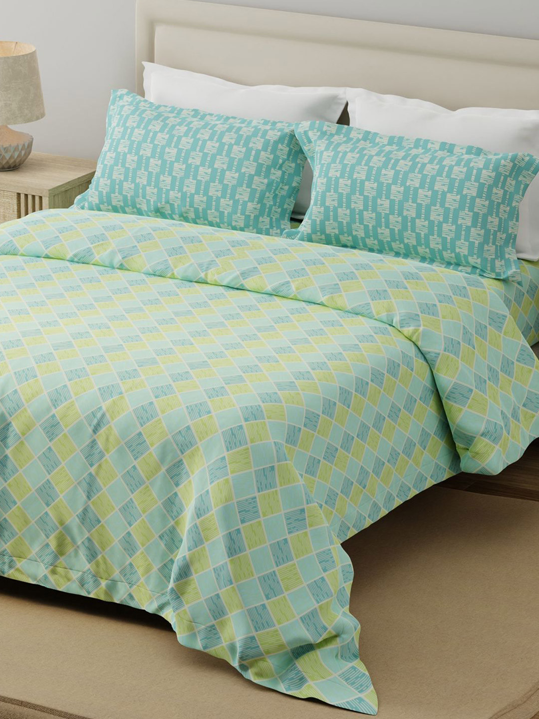 Layers Blue Geometric Pure Cotton 120 TC Flat Queen Bedsheet Sets - 2.54 L x 2.24 W m