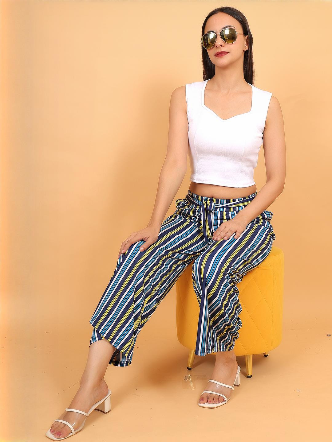 Mytrendzs Women Blue And Yellow Striped Palazzo with Belt & Dual Side Pockets