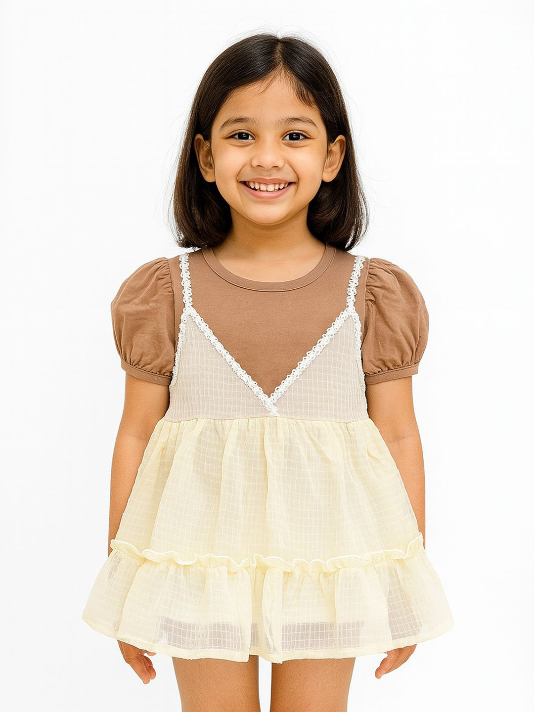 POP STREET KIDS Girls Self Design Puff Sleeve Fit & Flare Dress with Inner T-shirt