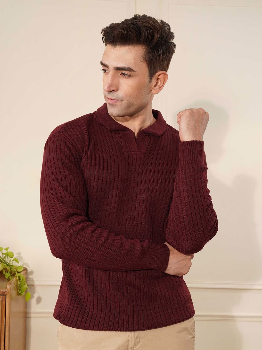 KVETOO Men Ribbed Wool Full Sleeve Collar Polo Pullover