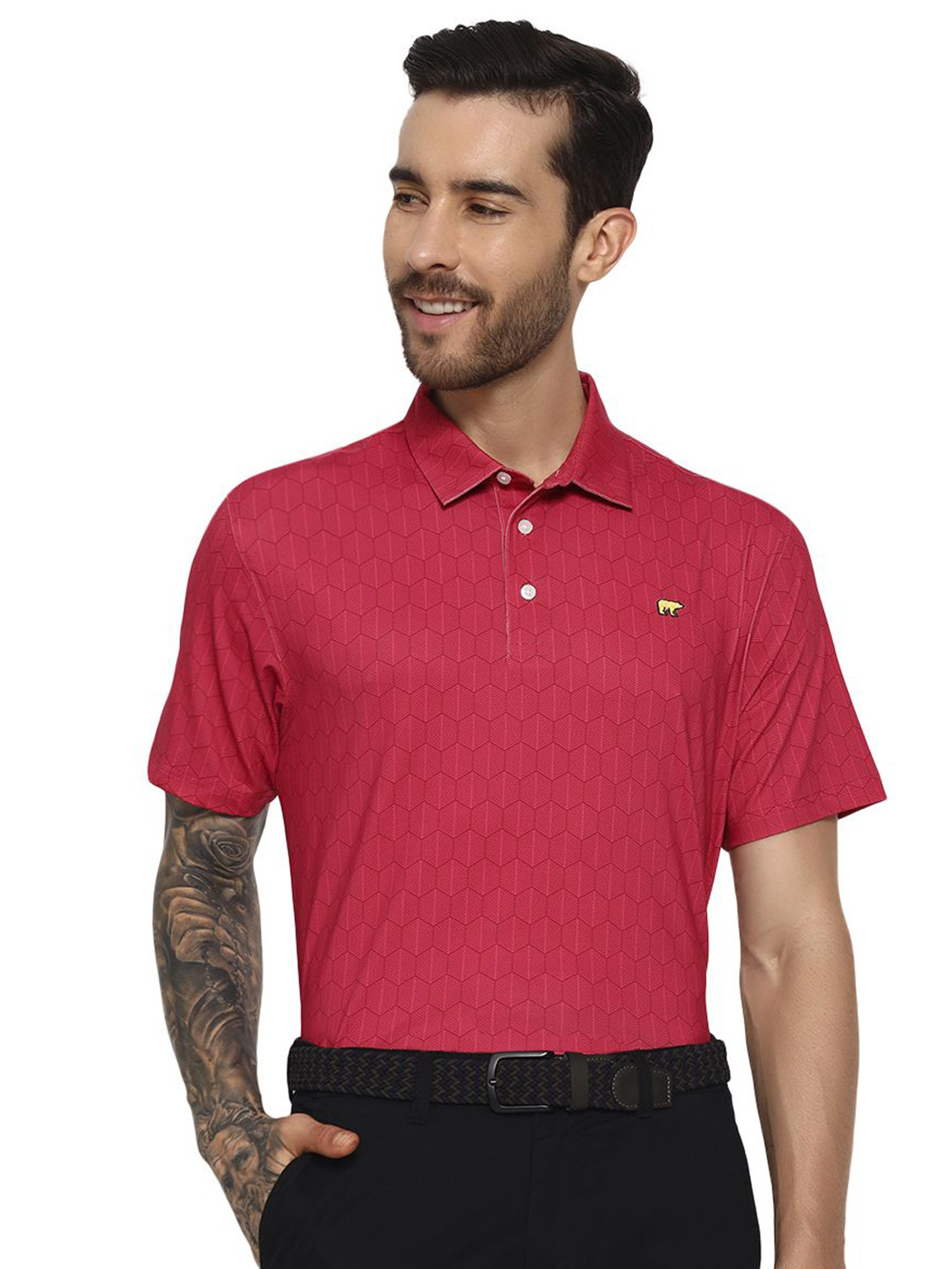 JACK NICKLAUS Red Geometric Polo Collar T-shirt
