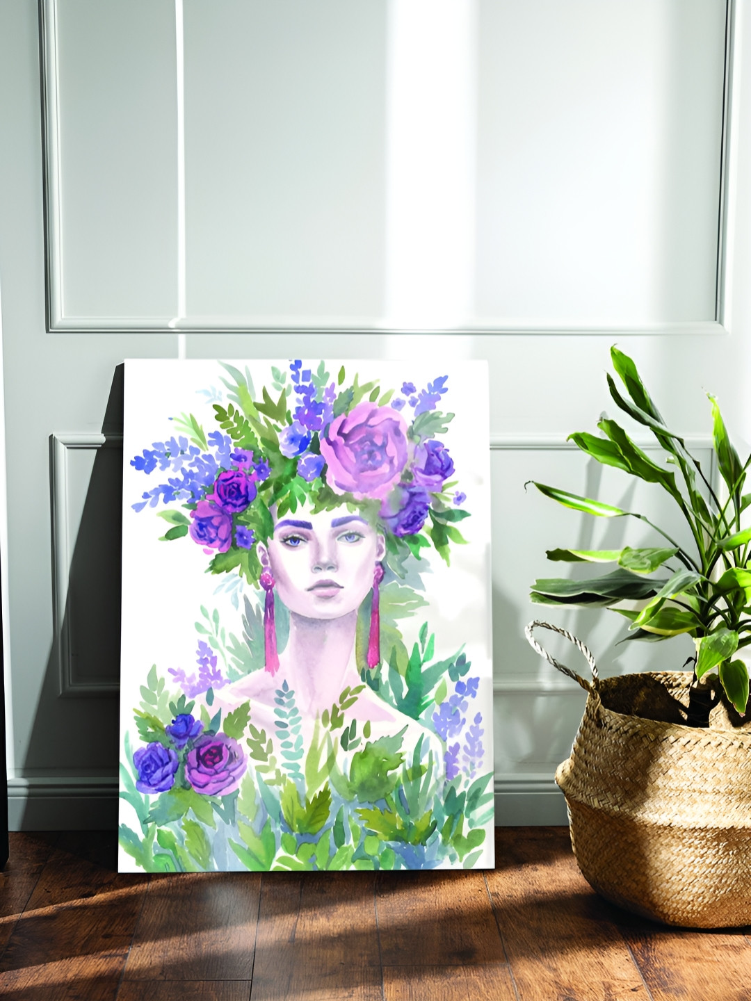 Myntra Elegant Homes White & Purple Canvas Flower Crown On Lady Head Paintings Wall Art