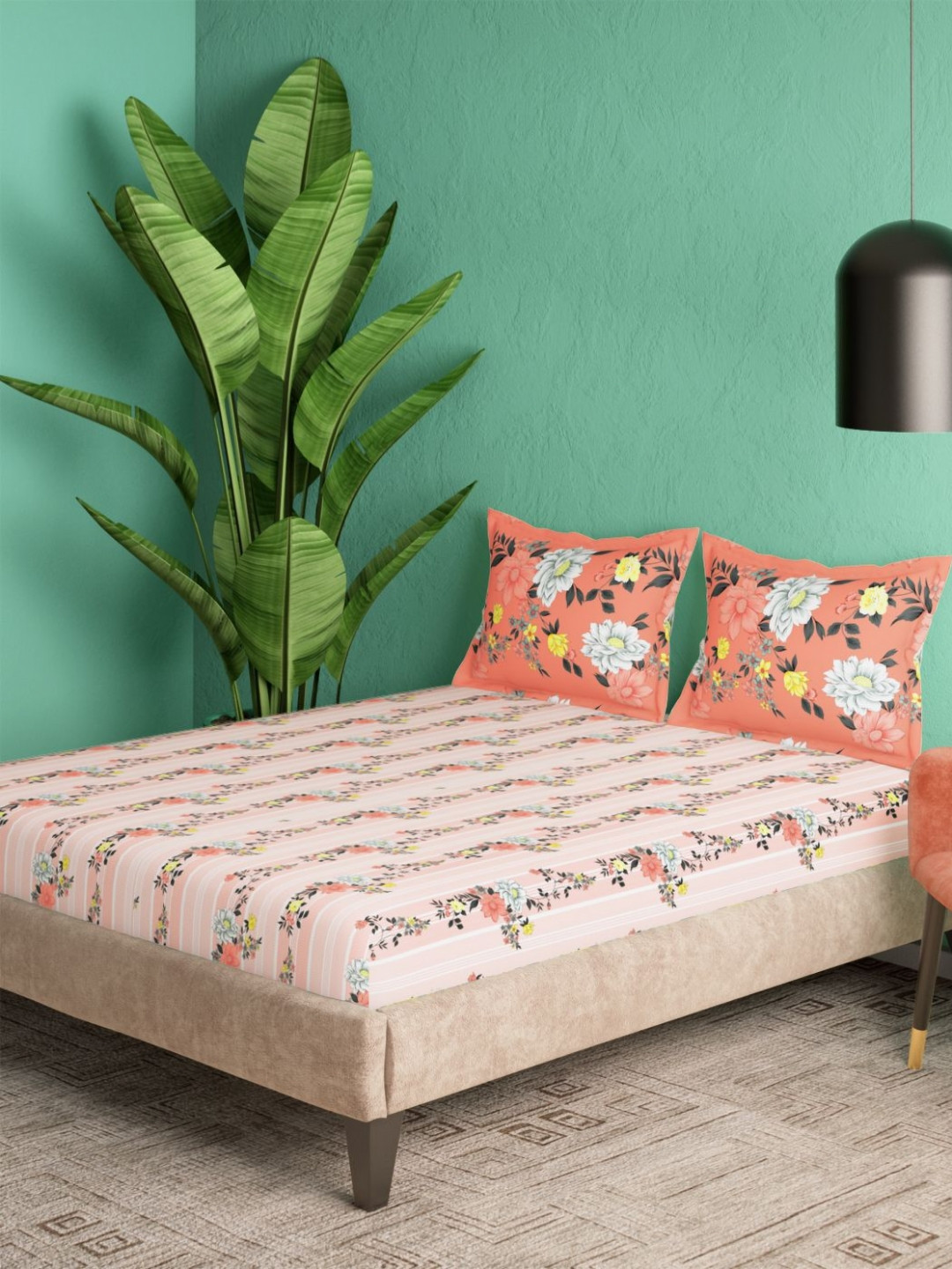 Portico Noir Harmony Peach-Colored Floral Cotton 144 TC Queen Bedsheet Set-2.24mx2.54m