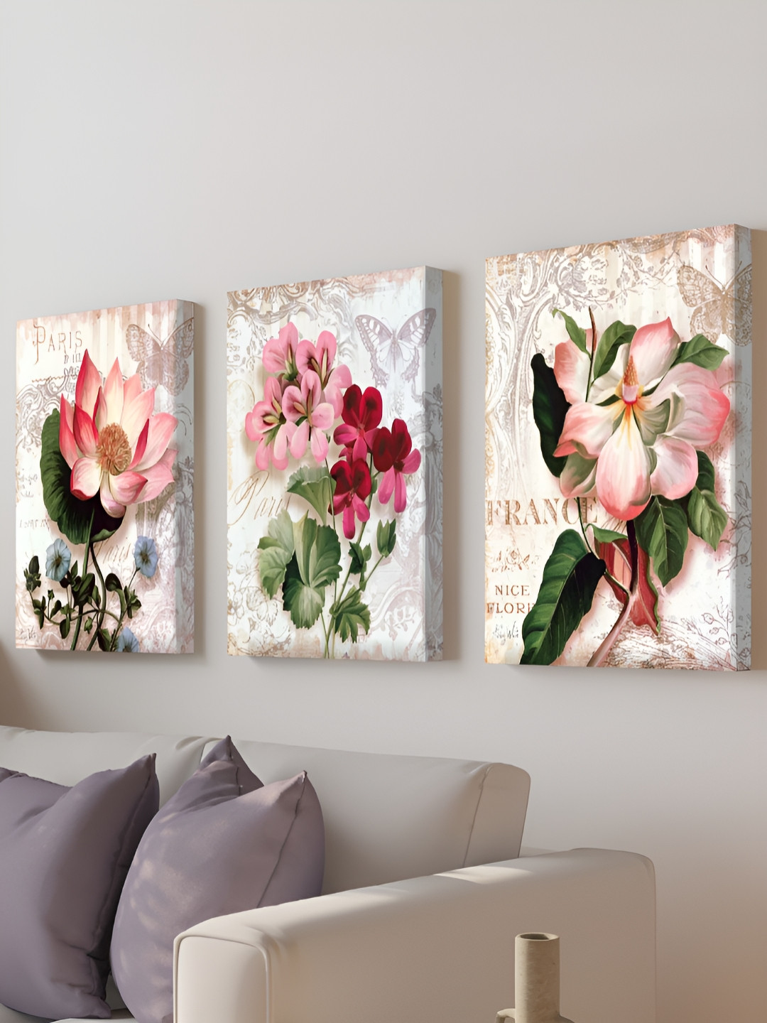 Myntra Elegant Homes Flower Lotus & Rose Retro Canvas Landscape 3-Frame Painting Wall Art