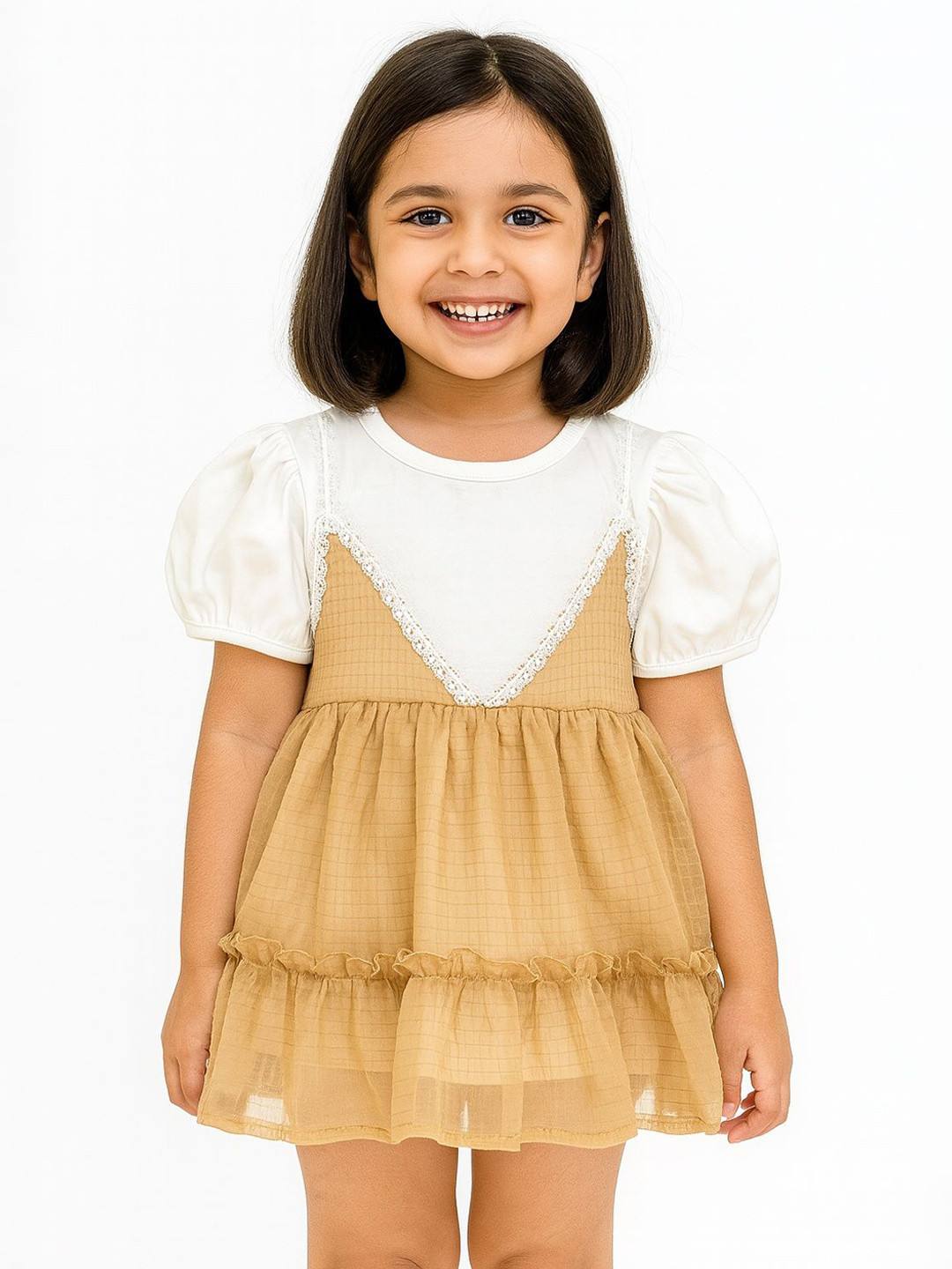 POP STREET KIDS Girls Colourblocked Round Neck Puff Sleeve Fit & Flare Mini Dress