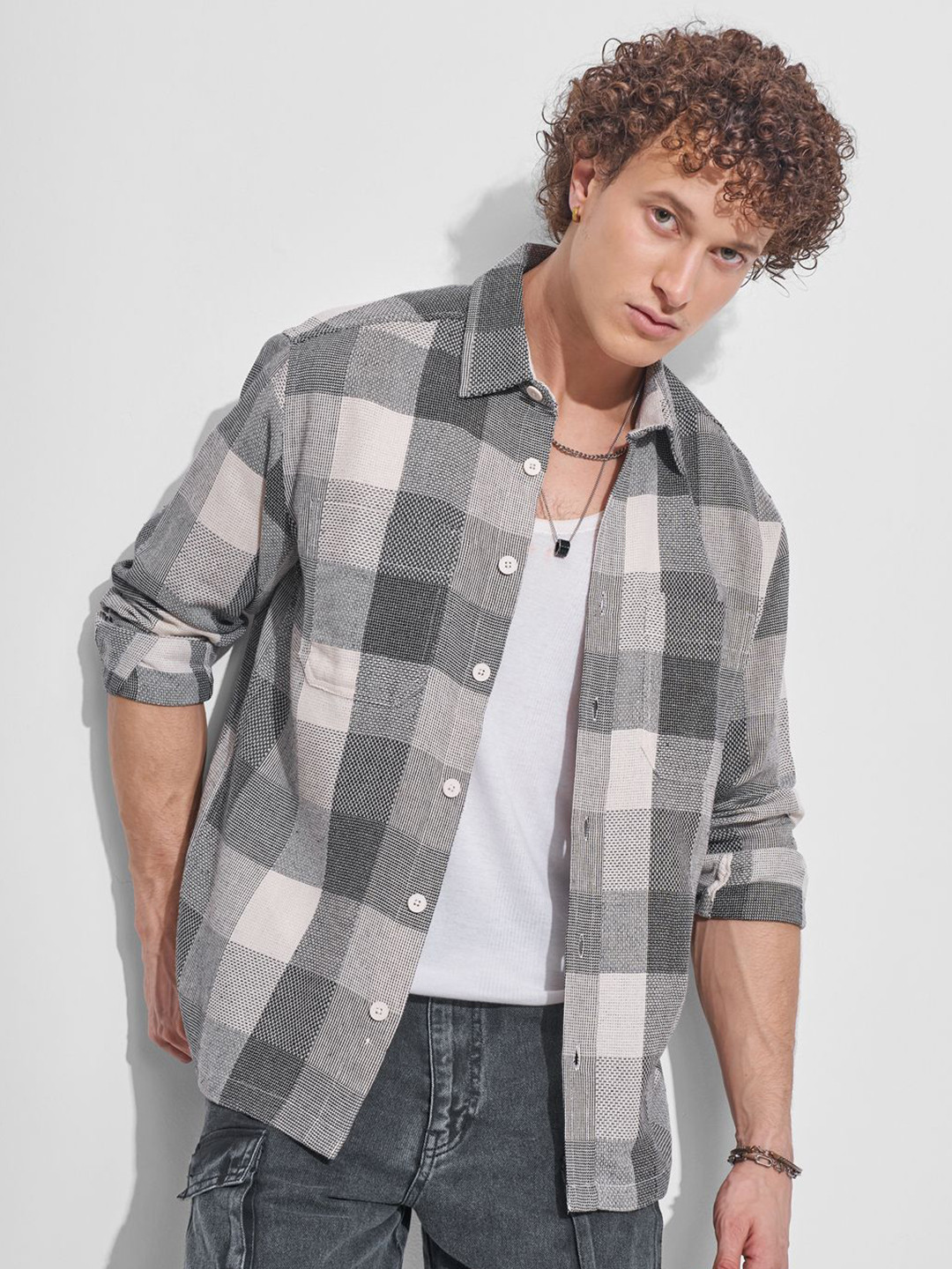 HIGHLANDER Oversized Fit Checked Textured Dobby Weave Cotton Casual Shirt