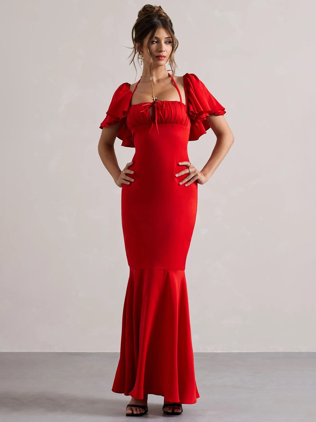 Traquila Flared Sleeve Crepe Maxi Dress