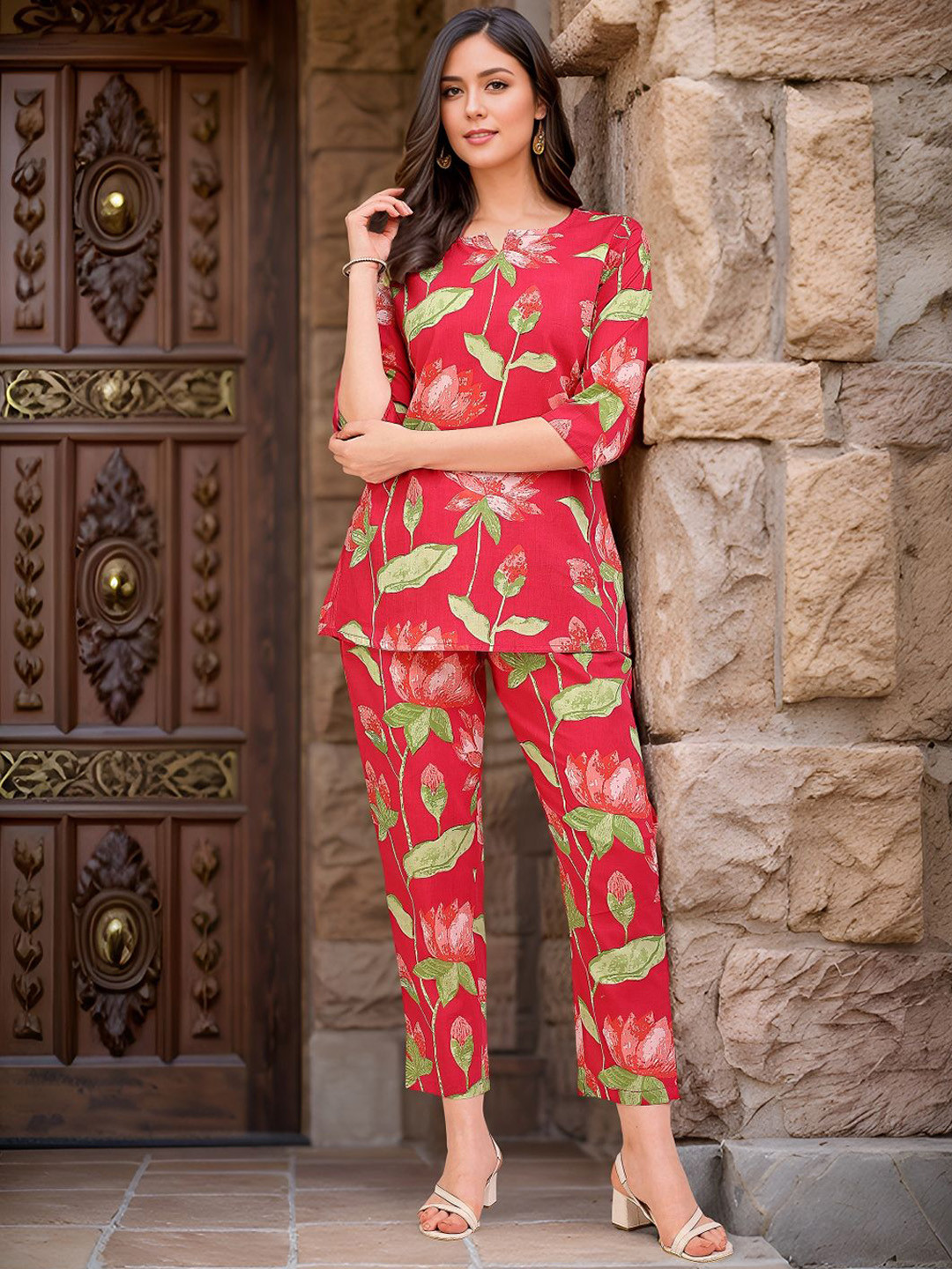 Banwaree Women Pink Floral Print Cotton Blend Co-ord Set