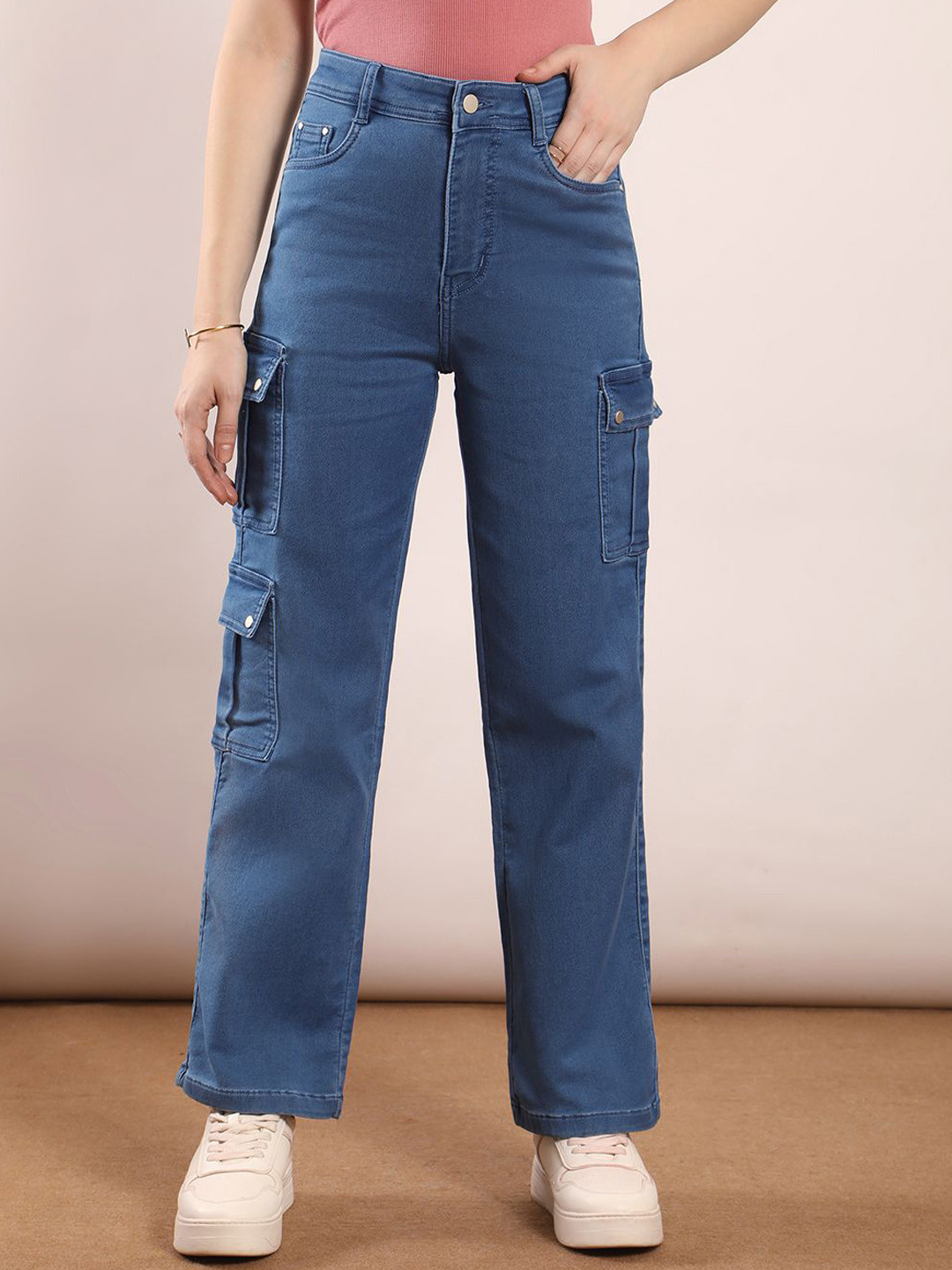 FIREAGE Women Vegas Wide Leg Straight Fit Stretchable Denim Cargo Jeans