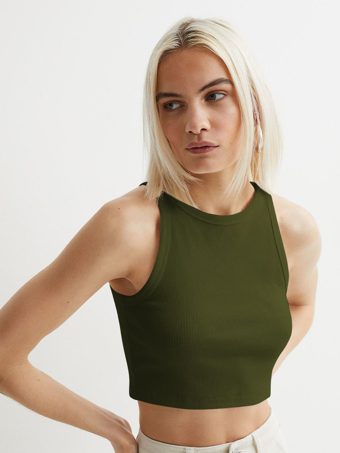 KERI PERRY Ribbed Round Neck Solid Sleeveless Tank Crop Top