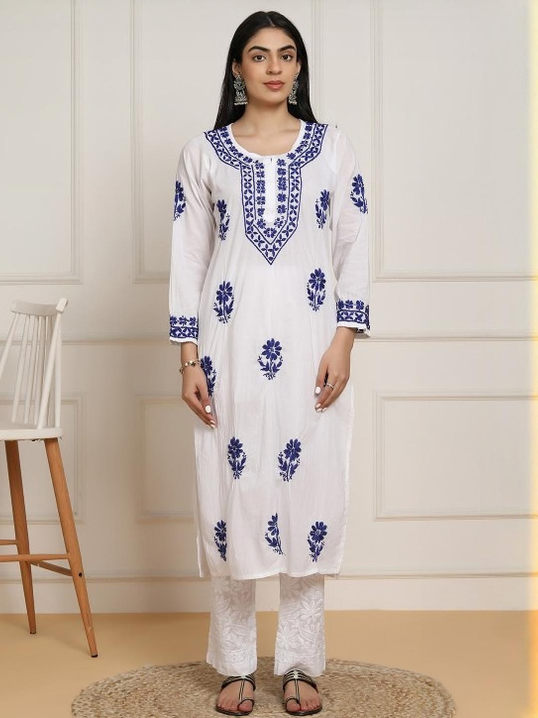 MALABIS.in White Base Mulmul Straight Fit Long Chikankari kurti With Colorful Threadworks