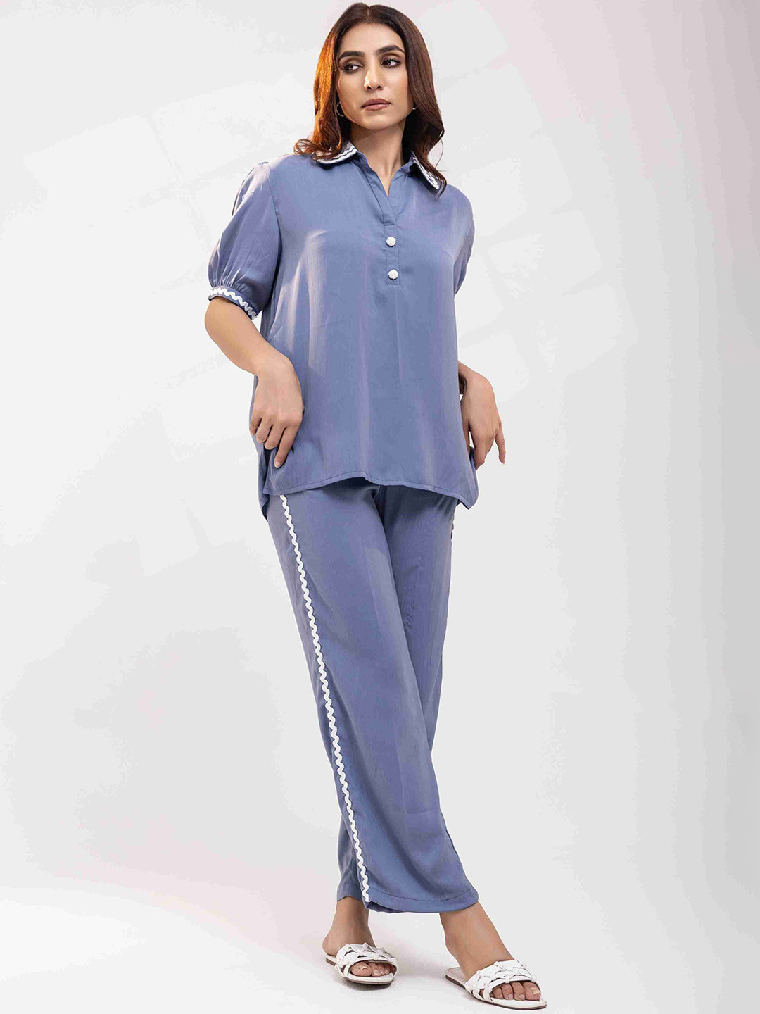 Luxe Weaves Ric Rac Women Solid Shirt & Trousers Co-Ords Set