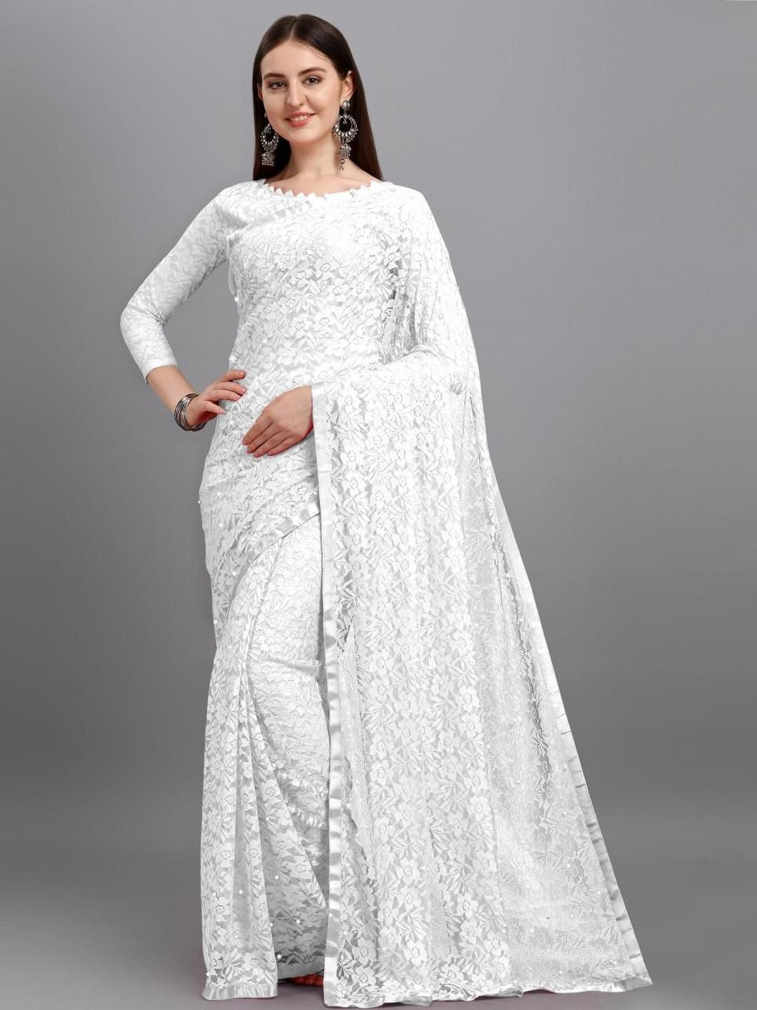 LOROFY Floral Embroidered Lightweight Net Brasso Saree with Blouse Piece