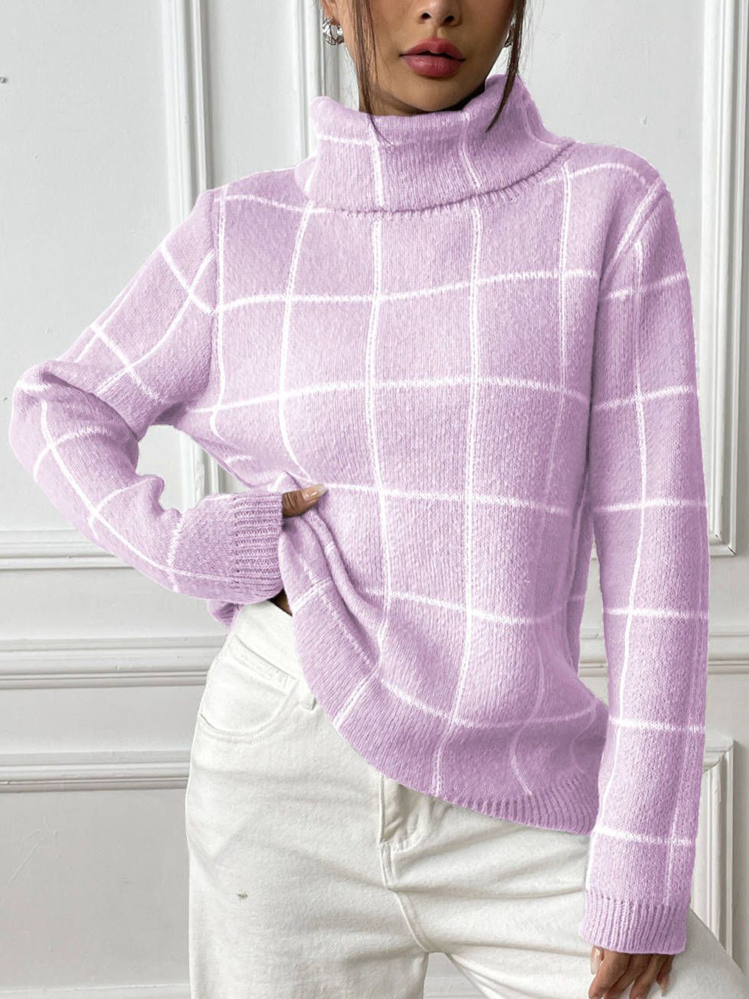 Mast & Harbour Women Turtle Neck Checked Pullover Sweaters