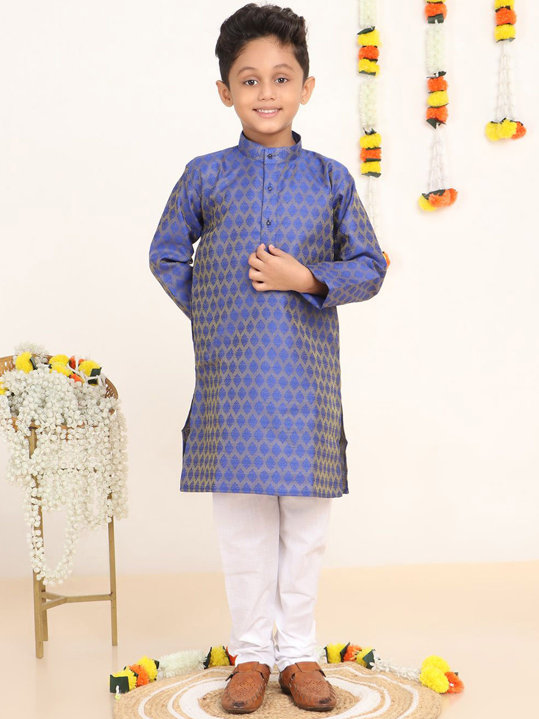 Baba & Baby Boys Boys Woven Design Band Collar Jacquard Straight Kurta With Pyjamas