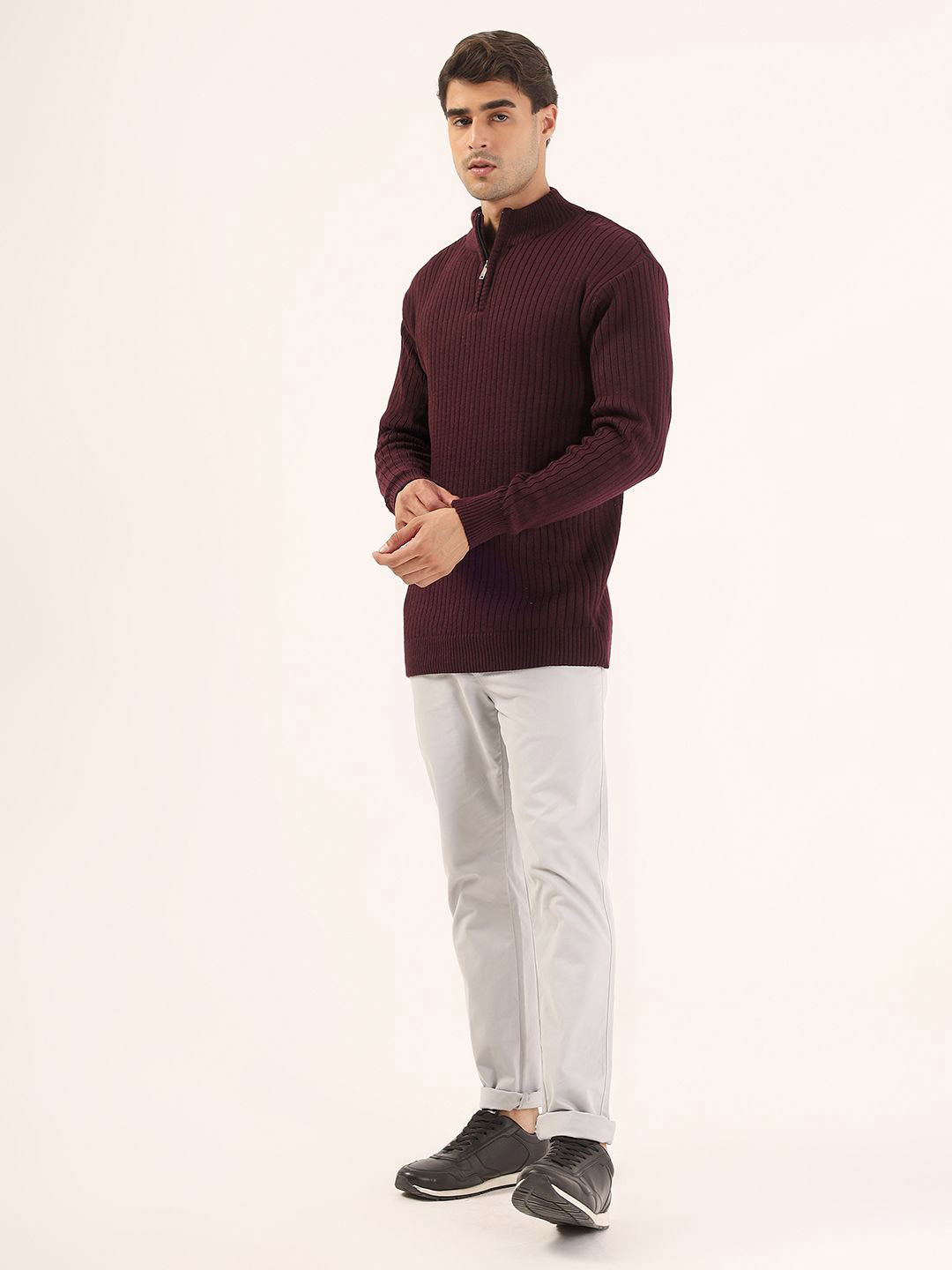 Kveto style redefined Self Design Mock Collar Ribbed Half Zipper Acrylic Sweater