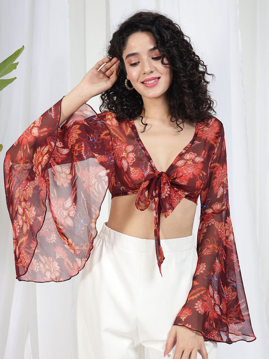TANDUL Women Ethnic Motifs Printed Flared Sleeves Bralette Super Crop Top