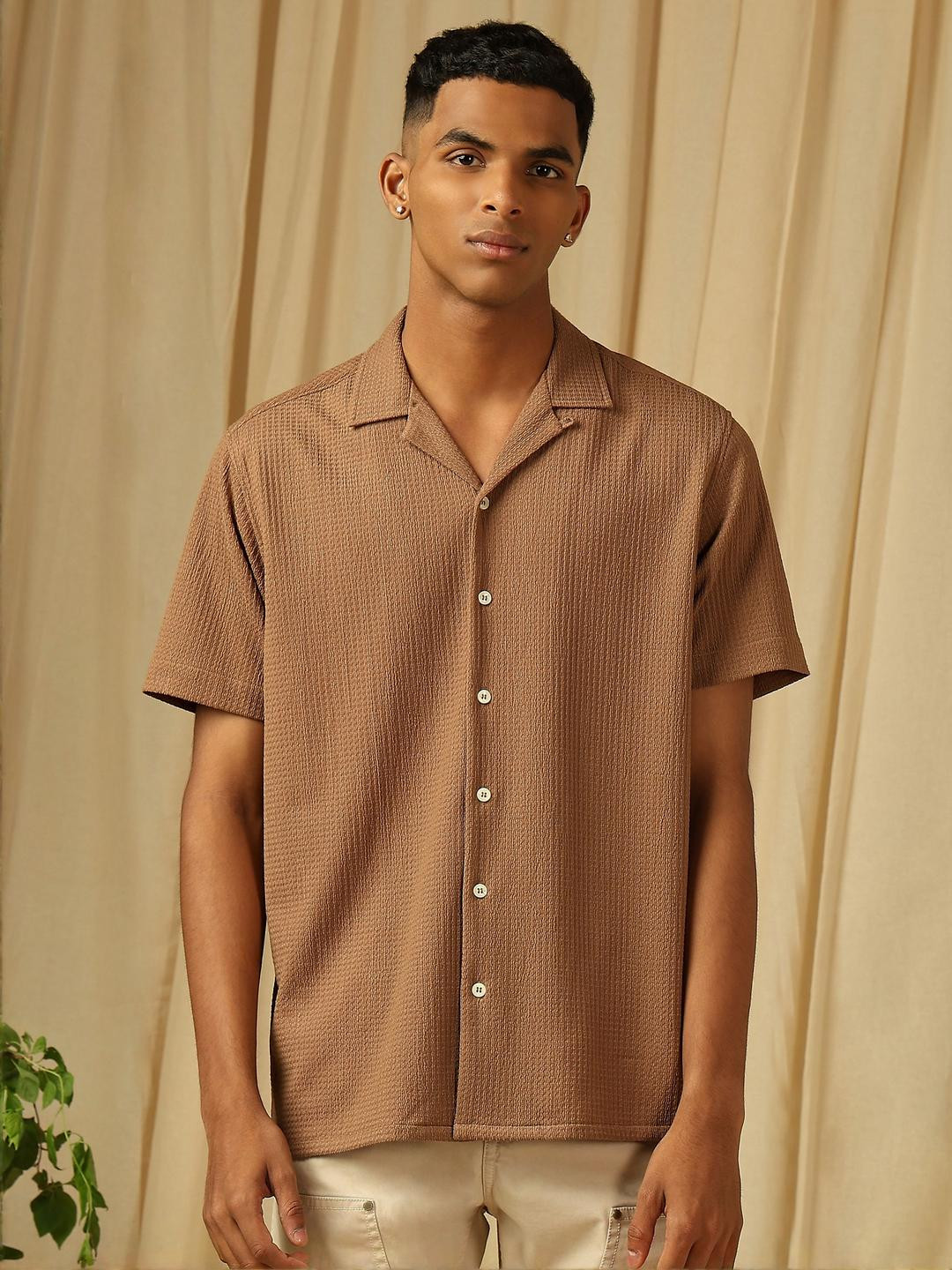 4 TRIPLE O FIVE O BY MUFTI Textured Cuban Collar Oversized Casual Shirt
