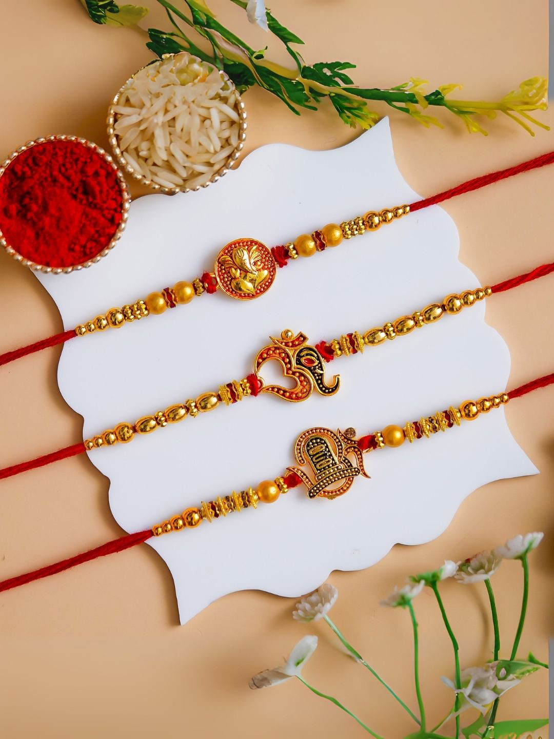 POORAK Set Of 3 Beaded Rakhi Gift Set With Greeting Card & Roli Chawal