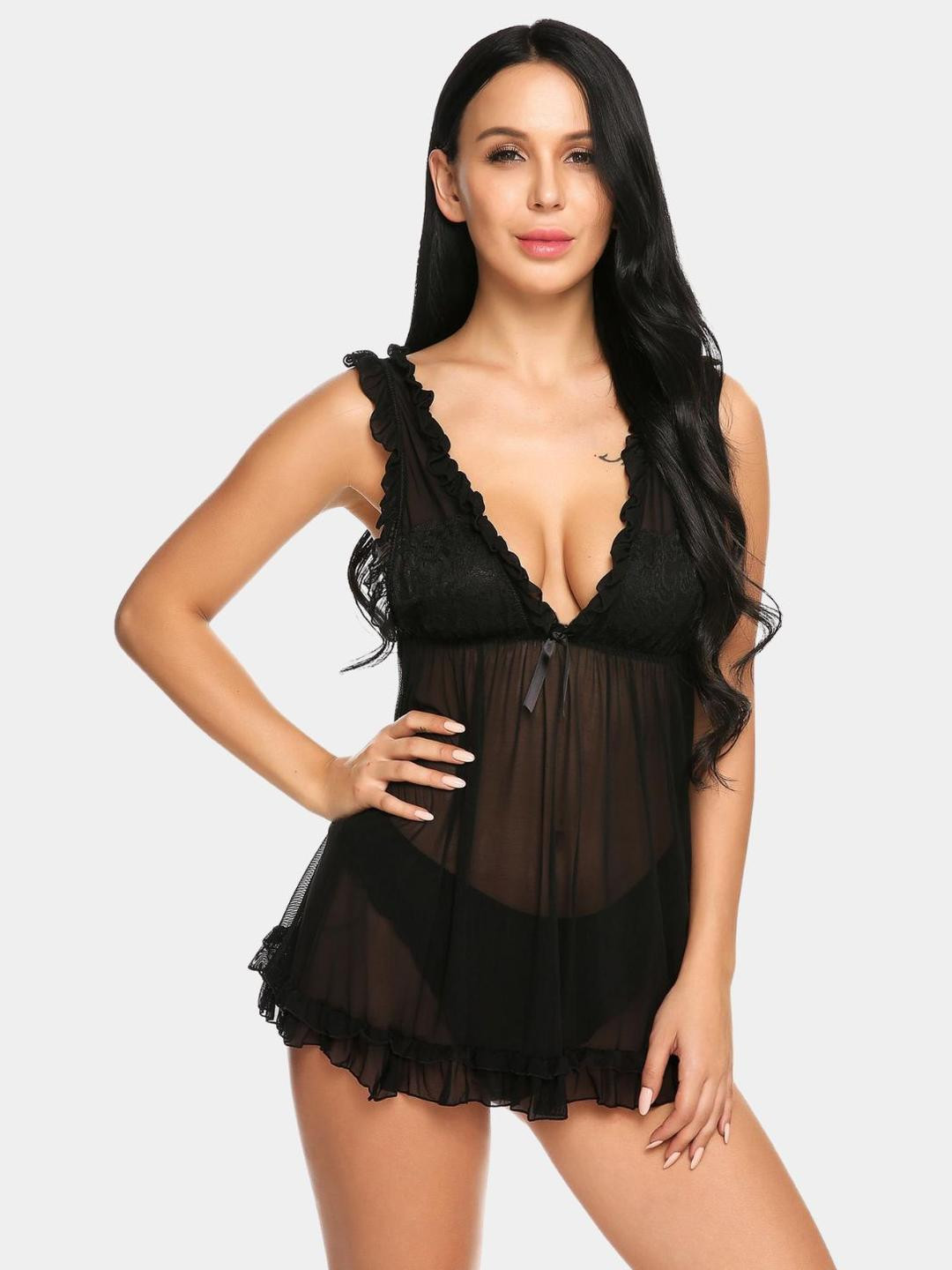 Ribald The Neech Women Black V-Neck Net Bow & Ruffles Baby Doll With Panty