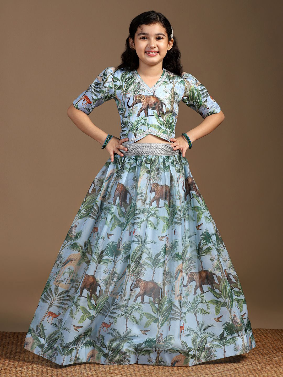 Sangria Girls Animal Printed Puffed Sleeves Sequinned Ready to Wear Lehenga Choli