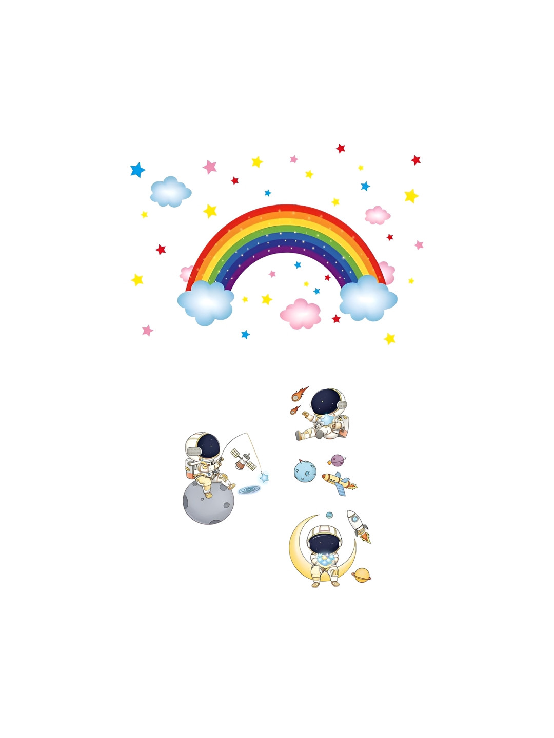 prettykrafts 2Pcs Yellow & Red Rainbow & Astronaut Wall Stickers