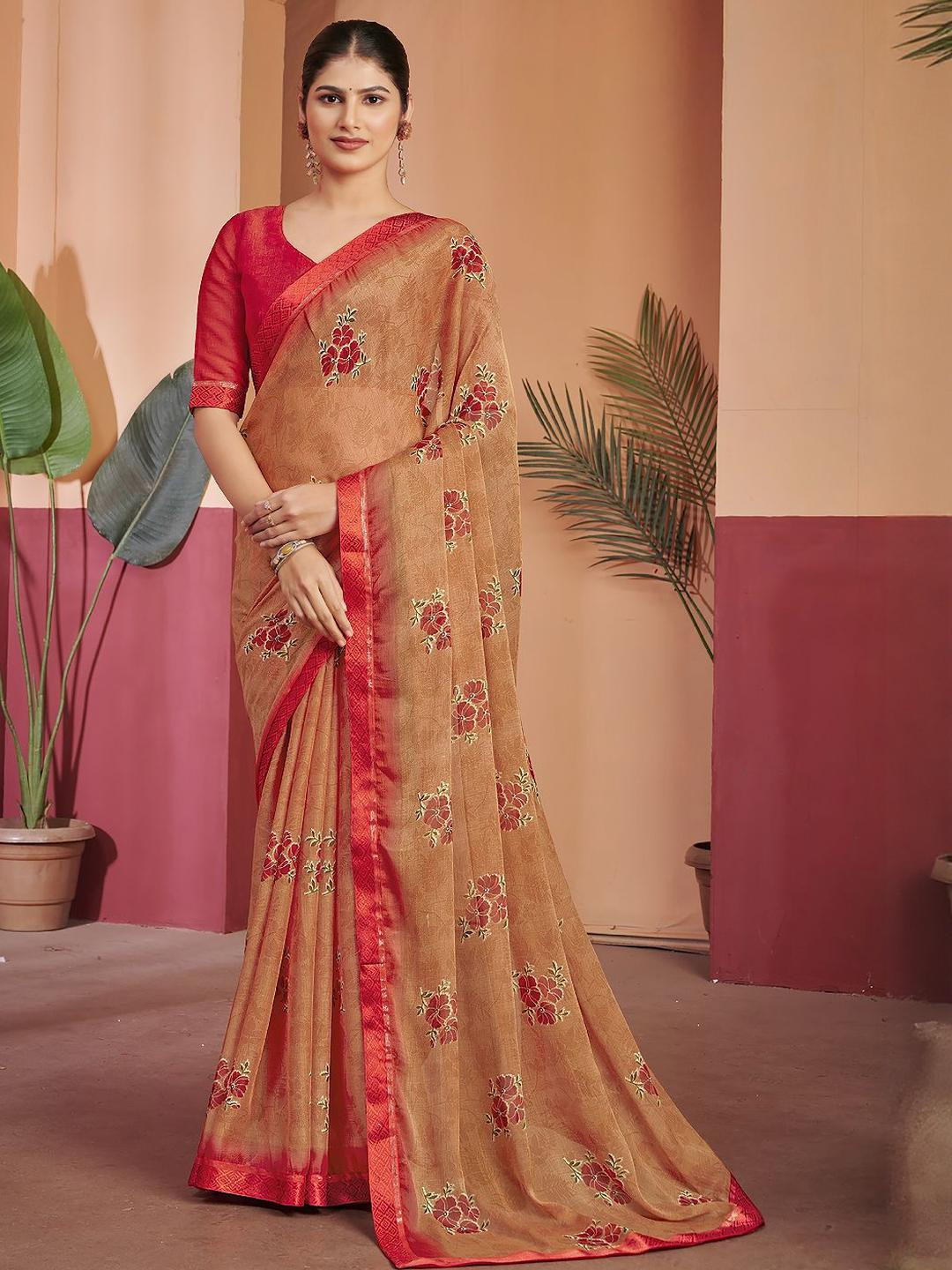 KALINI Floral Printed Saree With Attached Lace & Contrast Blouse Piece