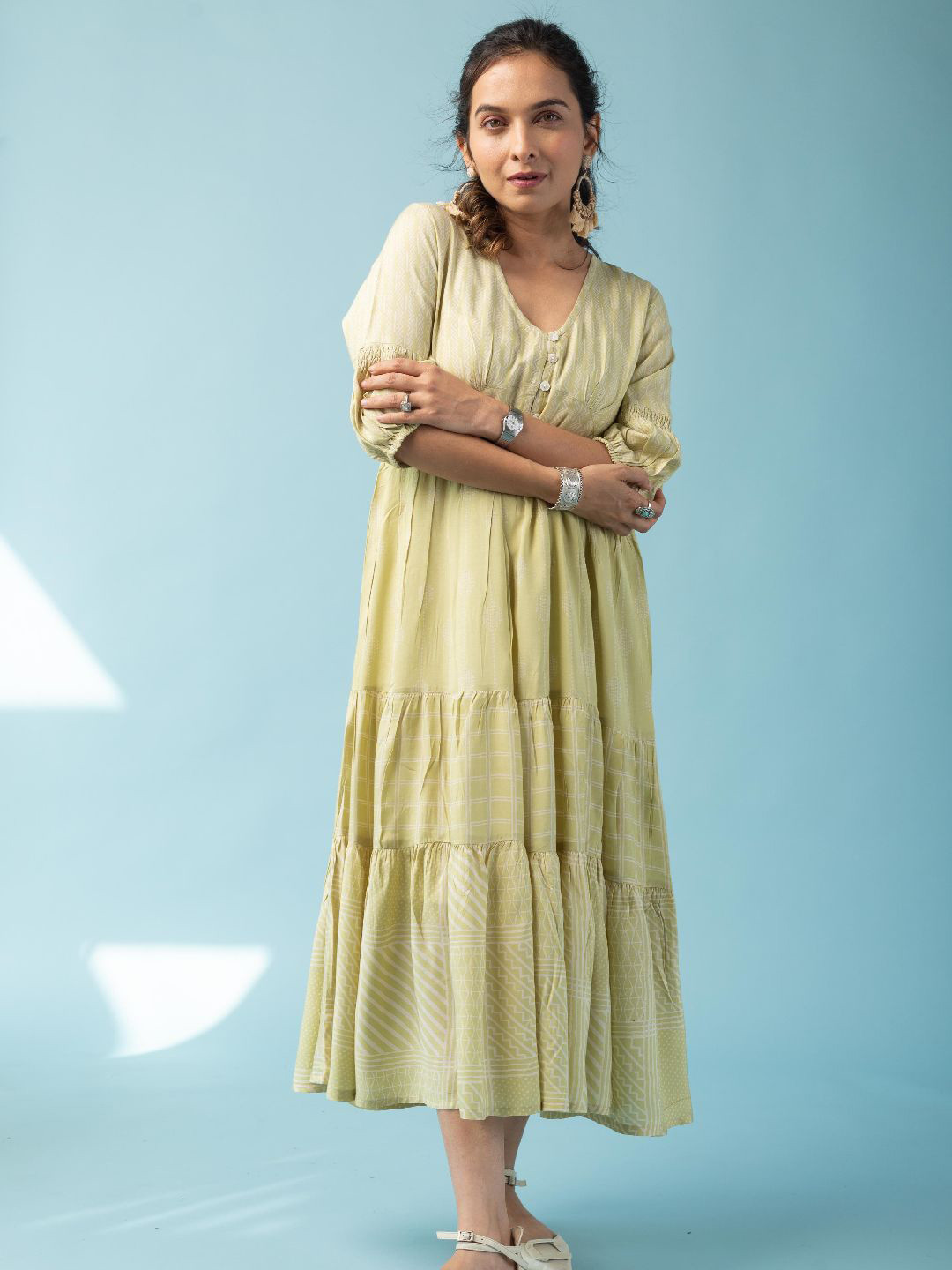 KUSVAA Women Aashvi Striped Puff Sleeve Satin A-Line Modal Dress