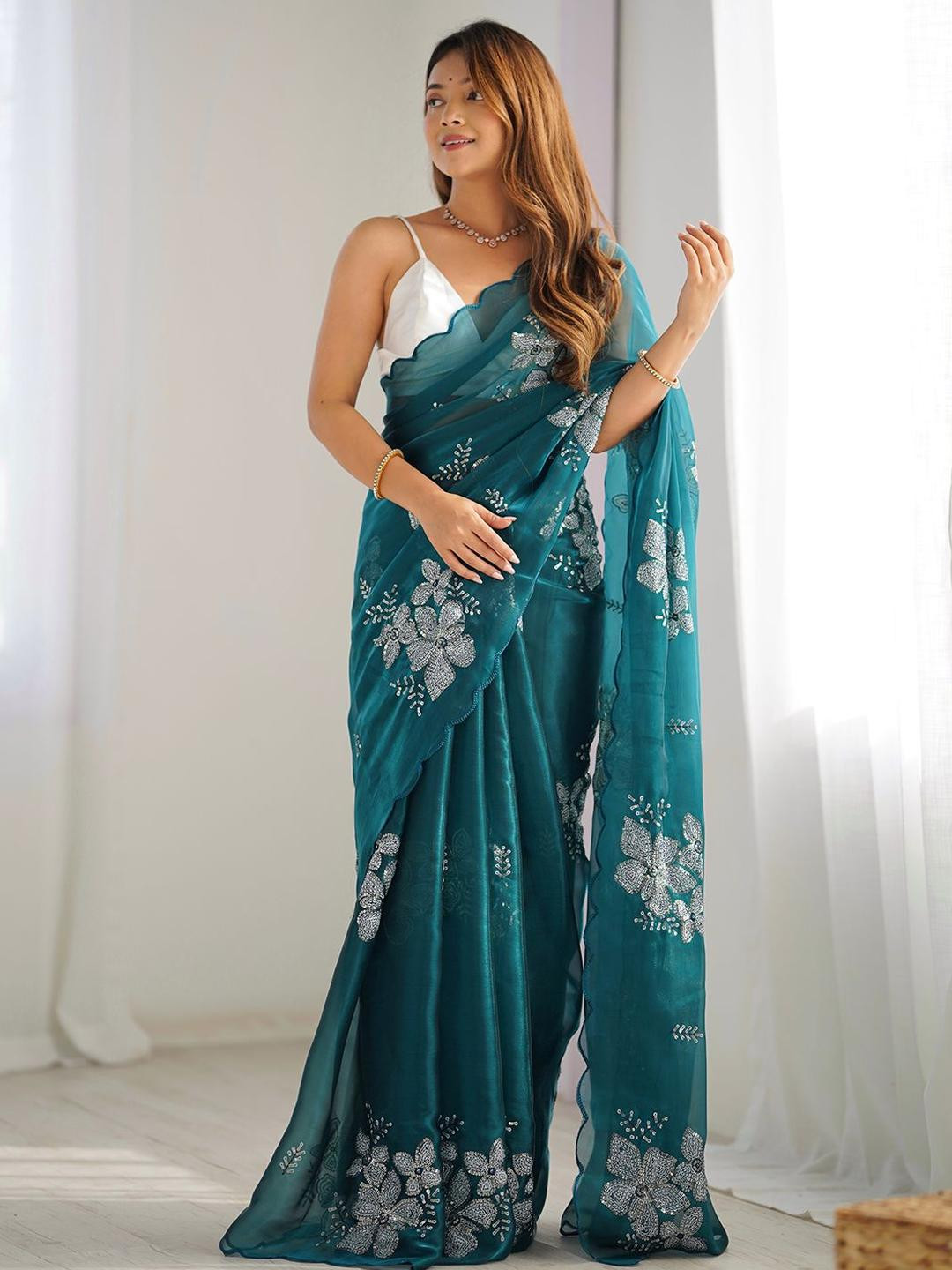 KALINI Embroidered Sequinned Jimmy Choo Saree With Unstitched Blouse Piece