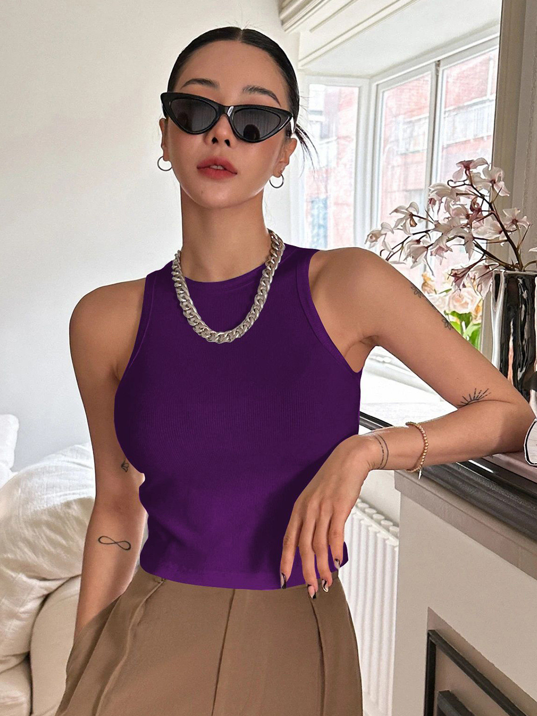 Solid Round Neck Ribbed Sleeveless Tank Crop Top