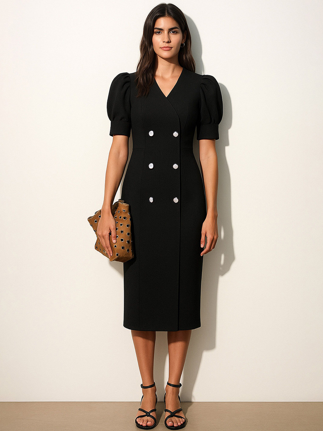 SASSAFRAS Women V-Neck Puff Sleeve Double Button Mock Placket Bodycon Midi Dress