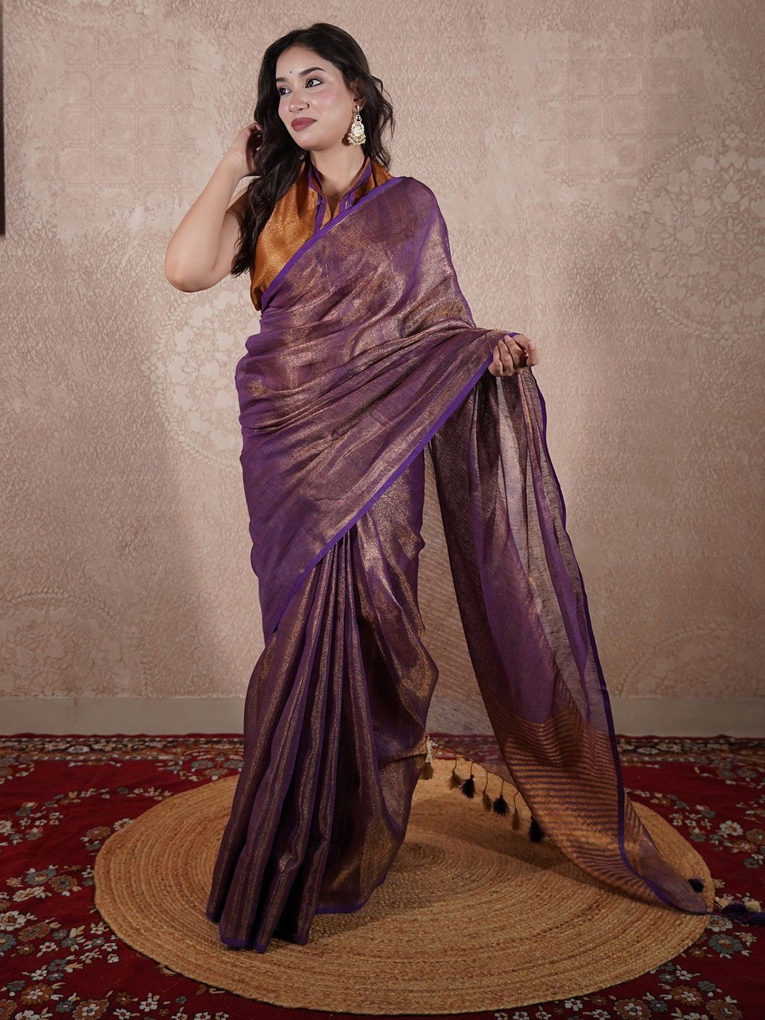 The Raksha Store Women Solid Zari Saree With striped pallu